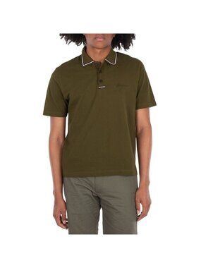 NWT Ferragamo Contrast Collar Embroidered Pique Polo Shirt Olive Mens Size Mediu